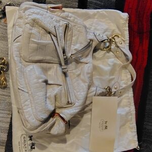 Coach White Croc-Embossed Shoulder Bag with Gold Hardware